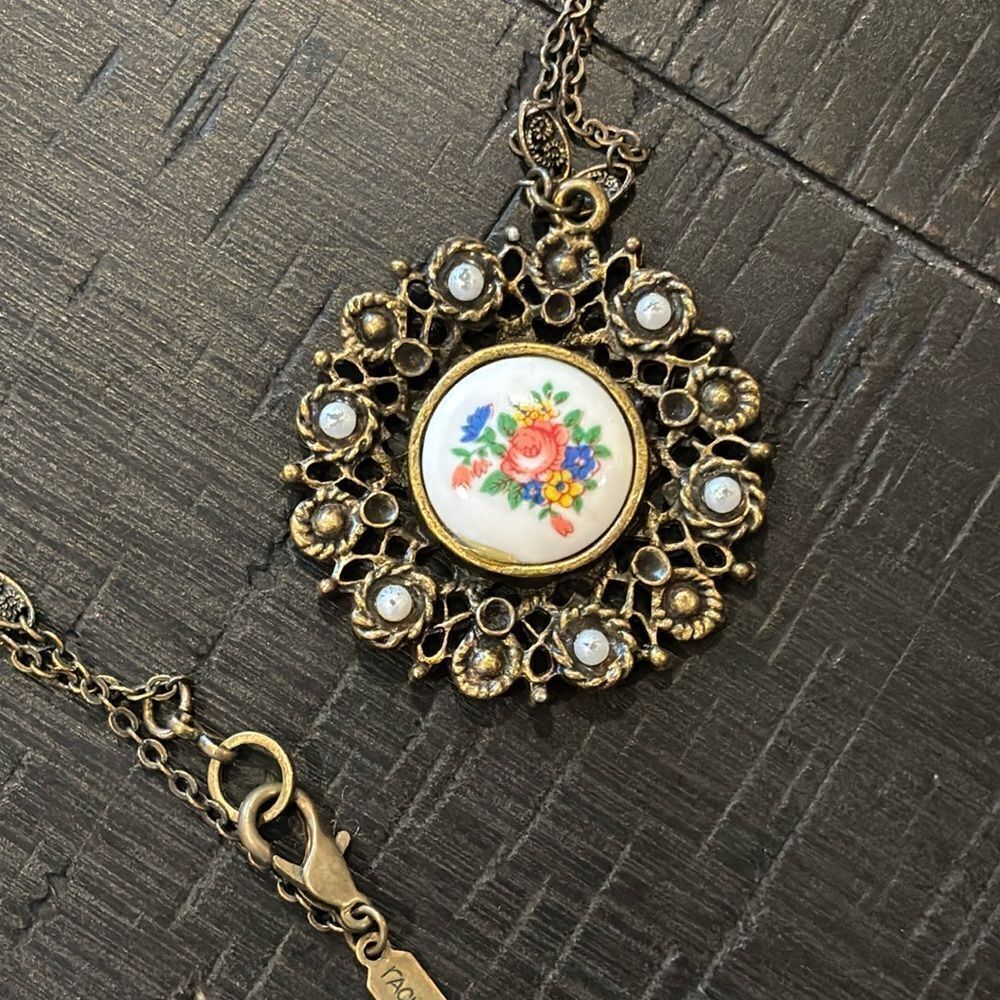 Rachel Floral Design Porcelain Scroll Antique Brass Tone Long Necklace​